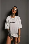 Kadın Bisiklet Yakalı Sırt Baskılı  Kısa Kol Oversize T-shirt - Beyaz