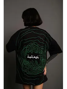 Kadın Bisiklet Yakalı Sırt Baskılı Oversize Kısa Kol T-shirt - Siyah