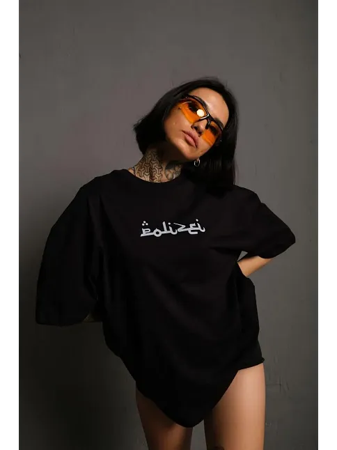 Kadın Bisiklet Yakalı Sırt Baskılı Oversize Kısa Kol T-shirt - Siyah