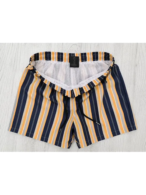 Kadın Çizgili Deniz Şortu Cepli File Astarlı Hızlı Kuruyan Bağcıklı - Lacivert Turuncu