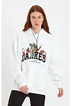 Kadın Oversize Kapüşonlu Cepli Baskılı 3 İplik Pamuklu Hoodie Sweatshirt - Beyaz