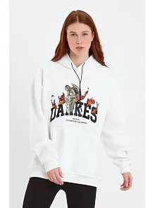 Kadın Oversize Kapüşonlu Cepli Baskılı 3 İplik Pamuklu Hoodie Sweatshirt - Beyaz
