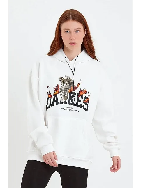 Kadın Oversize Kapüşonlu Cepli Baskılı 3 İplik Pamuklu Hoodie Sweatshirt - Beyaz
