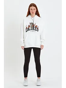 Kadın Oversize Kapüşonlu Cepli Baskılı 3 İplik Pamuklu Hoodie Sweatshirt - Beyaz