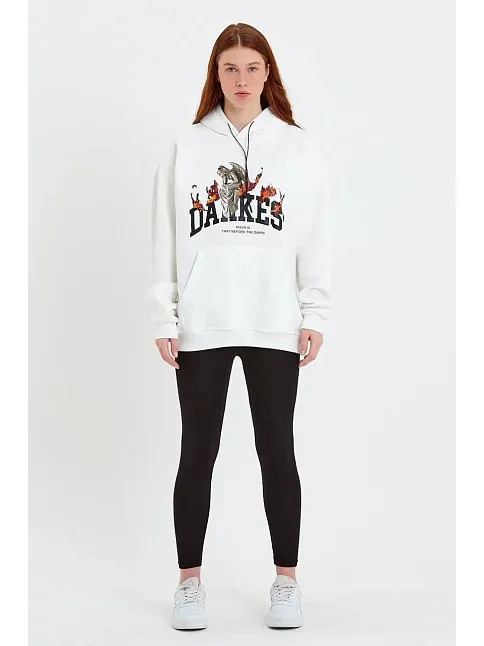 Kadın Oversize Kapüşonlu Cepli Baskılı 3 İplik Pamuklu Hoodie Sweatshirt - Beyaz