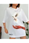 Kadın Kısa Kol Yazlık Tişört Bisiklet Yaka Uzi Güvercin Baskılı T-shirt - Beyaz