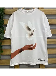 Kadın Kısa Kol Yazlık Tişört Bisiklet Yaka Uzi Güvercin Baskılı T-shirt - Beyaz