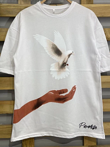 Kadın Kısa Kol Yazlık Tişört Bisiklet Yaka Uzi Güvercin Baskılı T-shirt - Beyaz