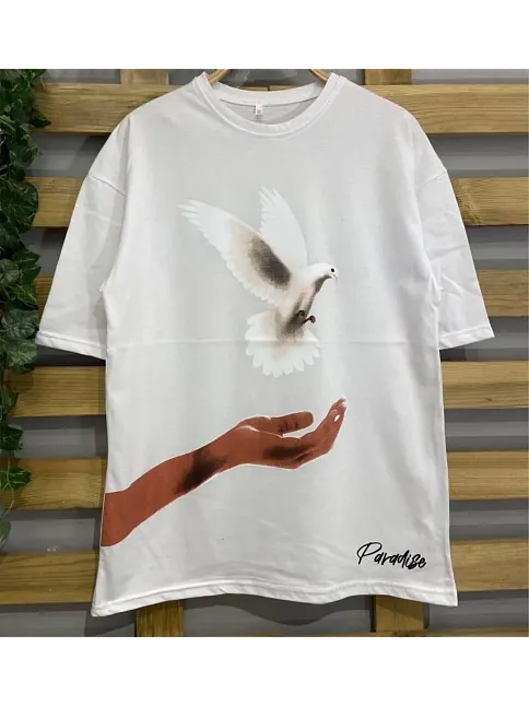 Kadın Kısa Kol Yazlık Tişört Bisiklet Yaka Uzi Güvercin Baskılı T-shirt - Beyaz