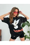 Kadın Kısa Kol Yazlık Tişört Bisiklet Yaka Uzi Güvercin Baskılı T-shirt - Siyah