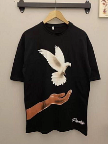 Kadın Kısa Kol Yazlık Tişört Bisiklet Yaka Uzi Güvercin Baskılı T-shirt - Siyah