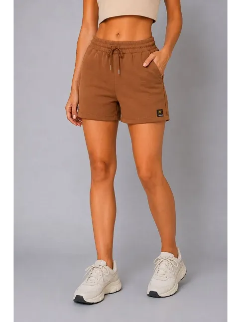 Kadın Dokuma Kumaş Cepli Bağcıklı Regular Fit Yazlık Şort - Kahverengi