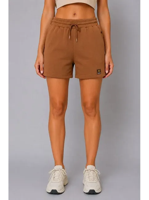 Kadın Dokuma Kumaş Cepli Bağcıklı Regular Fit Yazlık Şort - Kahverengi