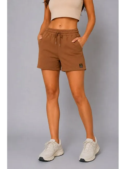 Kadın Dokuma Kumaş Cepli Bağcıklı Regular Fit Yazlık Şort - Kahverengi