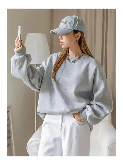 Kadın 3 İplik Pamuklu Oversize Yarım Fermuarlı Yakalı Basic Sweatshirt - Gri