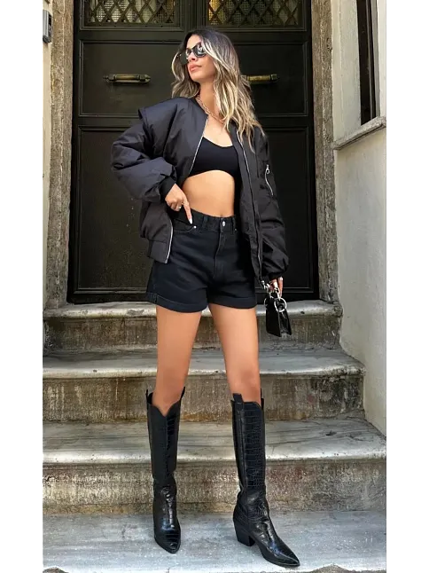 Kadın Oversize Bomber Ceket – Siyah, Fermuarlı, Sokak Modası Tarzı Mont - Siyah