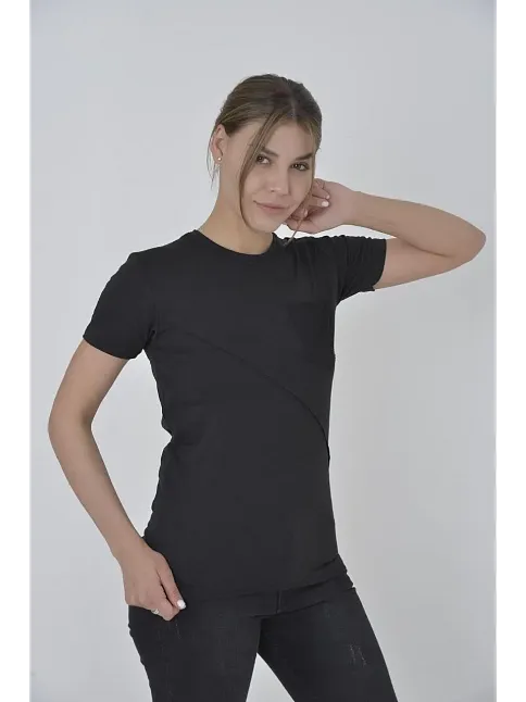 Kadın File Cepli T-shirt Kısa Kol Bisiklet Yaka Slimfit Tişört  - Siyah