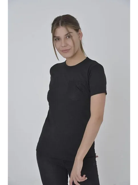 Kadın File Cepli T-shirt Kısa Kol Bisiklet Yaka Slimfit Tişört  - Siyah