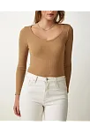 Kadın Fitilli Likralı Body Crop - Camel
