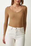 Kadın Fitilli Likralı Body Crop - Camel
