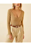 Kadın Fitilli Likralı Body Crop - Camel