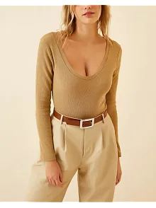 Kadın Fitilli Likralı Body Crop - Camel