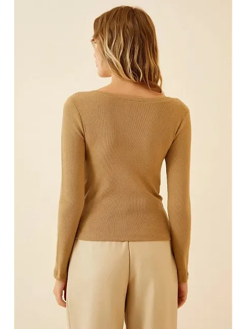Kadın Fitilli Likralı Body Crop - Camel