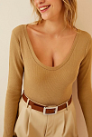 Kadın Fitilli Likralı Body Crop - Camel