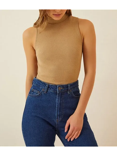 Kadın Full Likralı Fitilli Kaşkorse Body - Camel