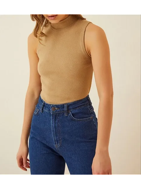 Kadın Full Likralı Fitilli Kaşkorse Body - Camel