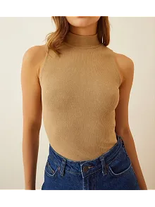 Kadın Full Likralı Fitilli Kaşkorse Body - Camel