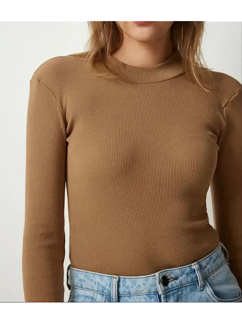 Kadın Full Likralı Fitilli Kaşkorse Body - Kahve