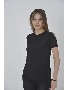 Kadın Gögüs Fileli T-shirt Kısa Kol Bisiklet Yaka Slimfit Tişört   - Siyah