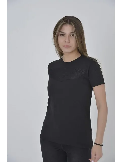 Kadın Gögüs Fileli T-shirt Kısa Kol Bisiklet Yaka Slimfit Tişört   - Siyah