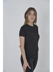 Kadın Gögüs Fileli T-shirt Kısa Kol Bisiklet Yaka Slimfit Tişört   - Siyah