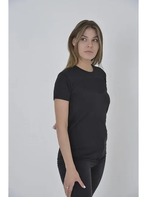 Kadın Gögüs Fileli T-shirt Kısa Kol Bisiklet Yaka Slimfit Tişört   - Siyah