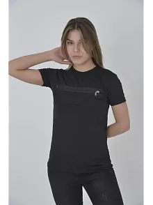 Kadın Gögüs Fermuarlı T-shirt Kısa Kol Bisiklet Yaka Slimfit Tişört - Siyah