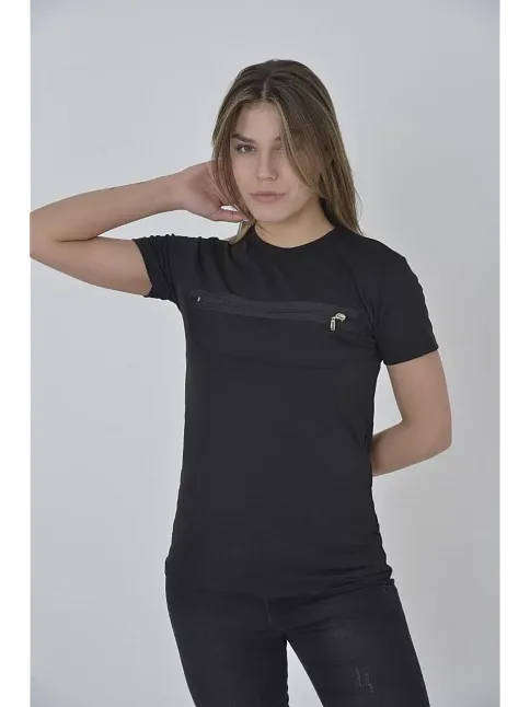 Kadın Gögüs Fermuarlı T-shirt Kısa Kol Bisiklet Yaka Slimfit Tişört - Siyah