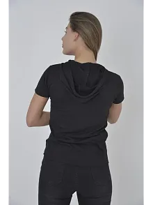 Kadın Kapüşonlu T-shirt Kısa Kol Bisiklet Yaka Slimfit Tişört   - Siyah