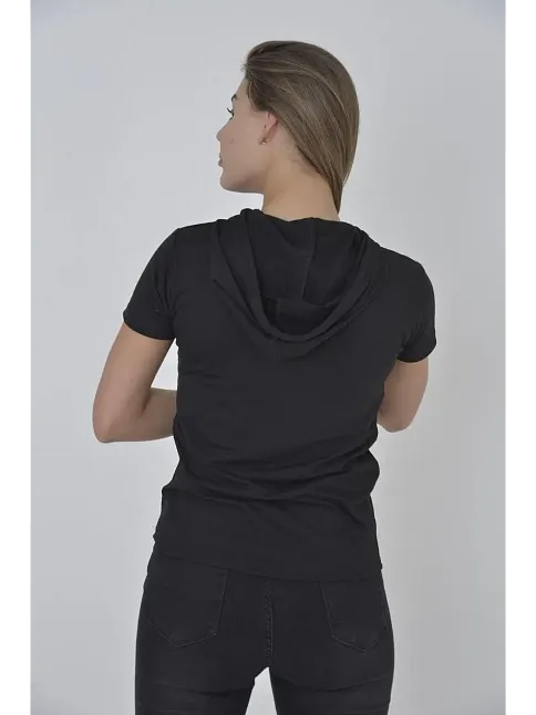 Kadın Kapüşonlu T-shirt Kısa Kol Bisiklet Yaka Slimfit Tişört   - Siyah