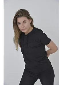 Kadın Kapüşonlu T-shirt Kısa Kol Bisiklet Yaka Slimfit Tişört   - Siyah