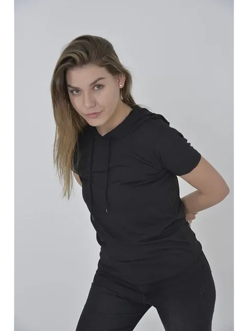 Kadın Kapüşonlu T-shirt Kısa Kol Bisiklet Yaka Slimfit Tişört   - Siyah