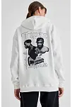 Kadın Oversize Kapüşonlu Cepli Tupac Baskılı 3 İplik Pamuklu Hoodie Sweatshirt - Beyaz