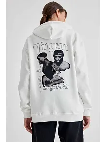 Kadın Oversize Kapüşonlu Cepli Tupac Baskılı 3 İplik Pamuklu Hoodie Sweatshirt - Beyaz