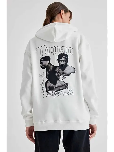 Kadın Oversize Kapüşonlu Cepli Tupac Baskılı 3 İplik Pamuklu Hoodie Sweatshirt - Beyaz