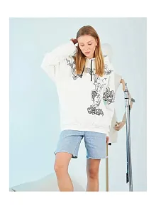 Kadın Oversize Kapüşonlu Baskılı 3 İplik Pamuklu Hoodie Sweatshirt - B
