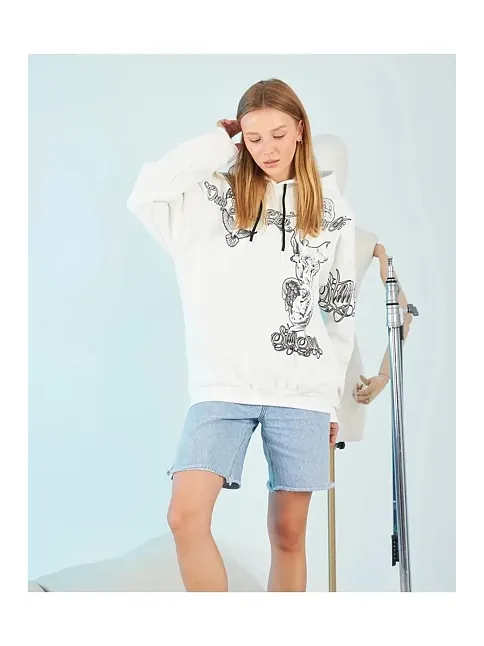 Kadın Oversize Kapüşonlu Baskılı 3 İplik Pamuklu Hoodie Sweatshirt - B