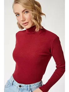 Kadın Kaşkorse Boğazlı Full Likralı Fitilli Body Kazak - Bordo