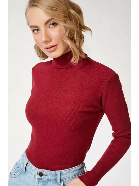 Kadın Kaşkorse Boğazlı Full Likralı Fitilli Body Kazak - Bordo