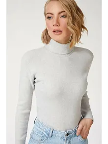 Kadın Kaşkorse Boğazlı Full Likralı Fitilli Body Kazak - Gri